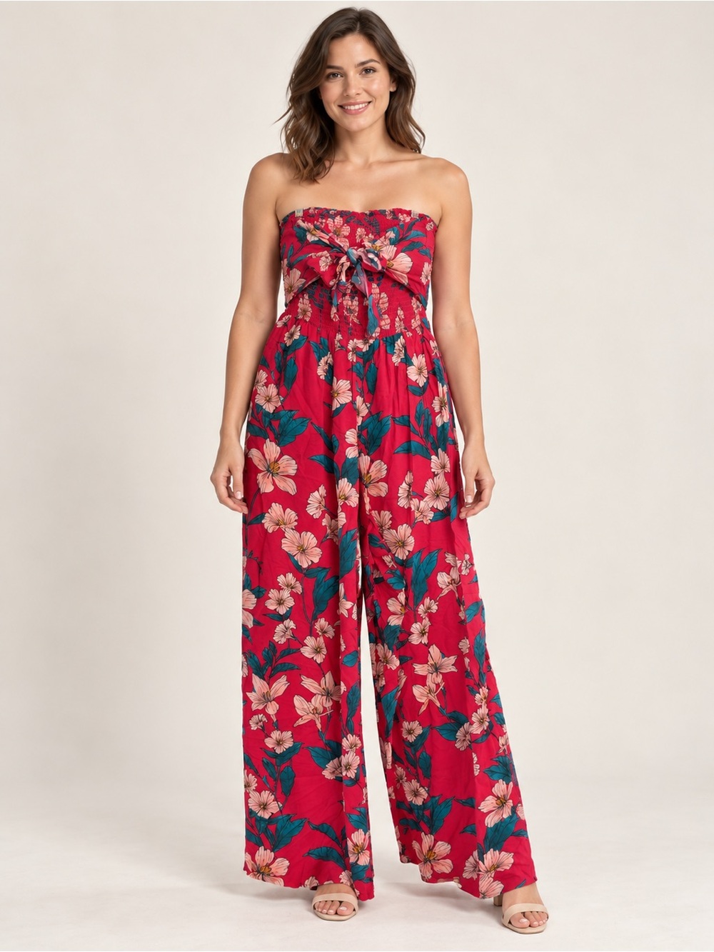 Patrons of Peace Red Floral Strapless Wide-Leg Jumpsuit